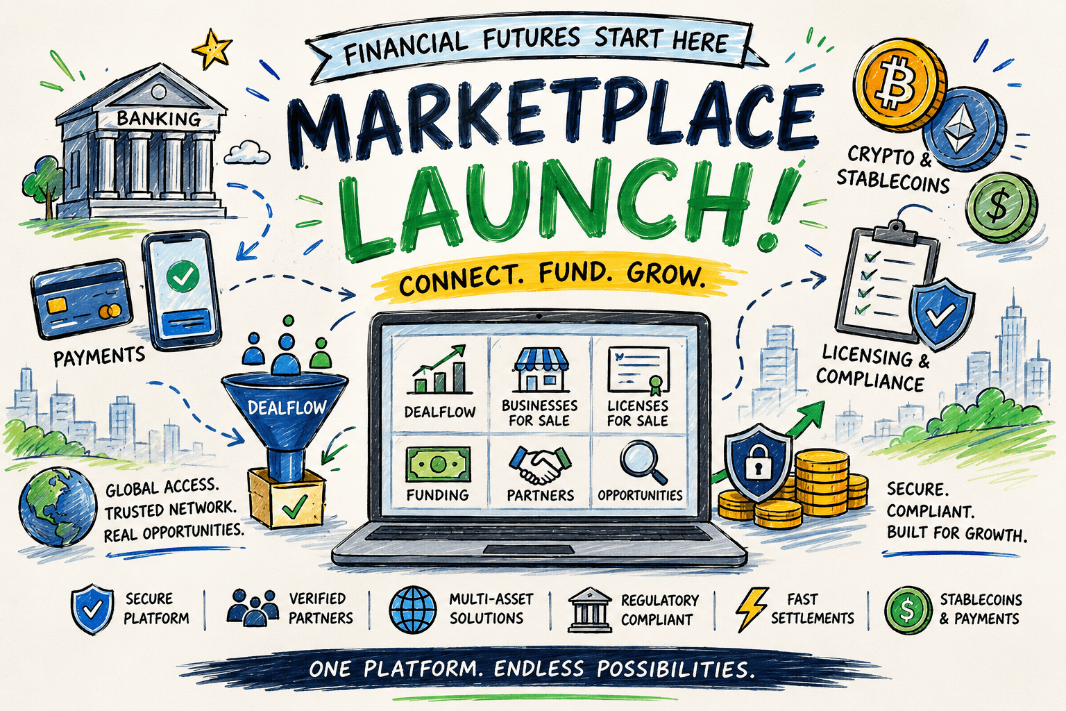 DealHarbor marketplace launch — a niche marketplace for banking, payments, licensing, crypto, and compliance